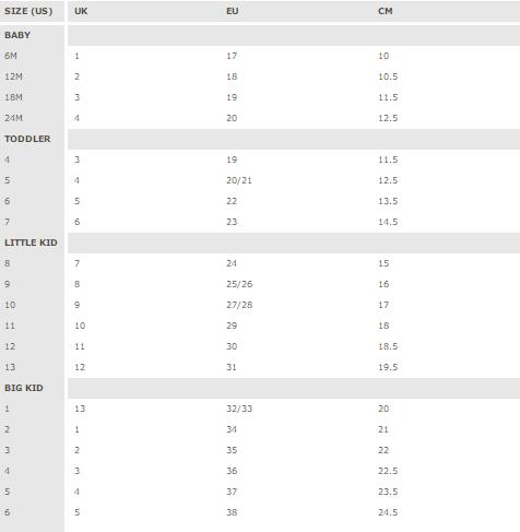 Keen Kids Size Chart