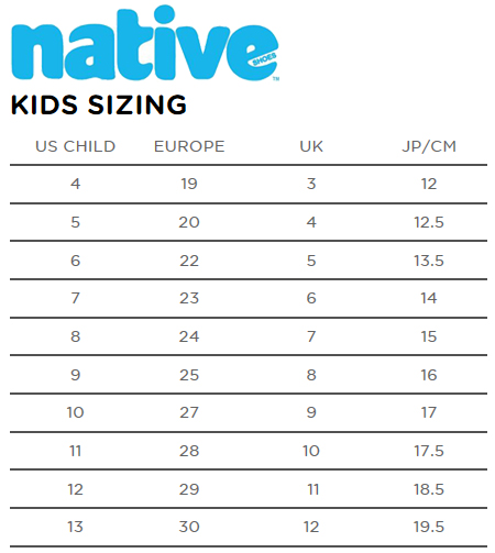 Asian Child Size Chart